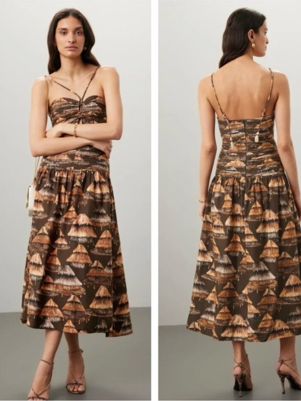 FARM Rio Shuhu Halter - Brown and Tan Printed Midi Dress
